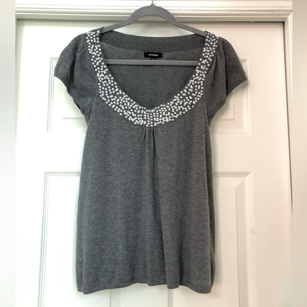 Express Sequined Neckline Gray Knit Sweater Top Blouse